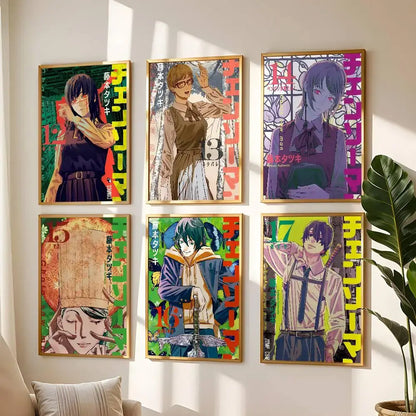 Six framed chainsaw man anime manga posters with vibrant colors and japanese text for wall mural decoration