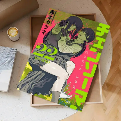 Vibrant pink and neon green chainsaw man wall mural featuring two anime girls in school uniforms on a waterproof sticker