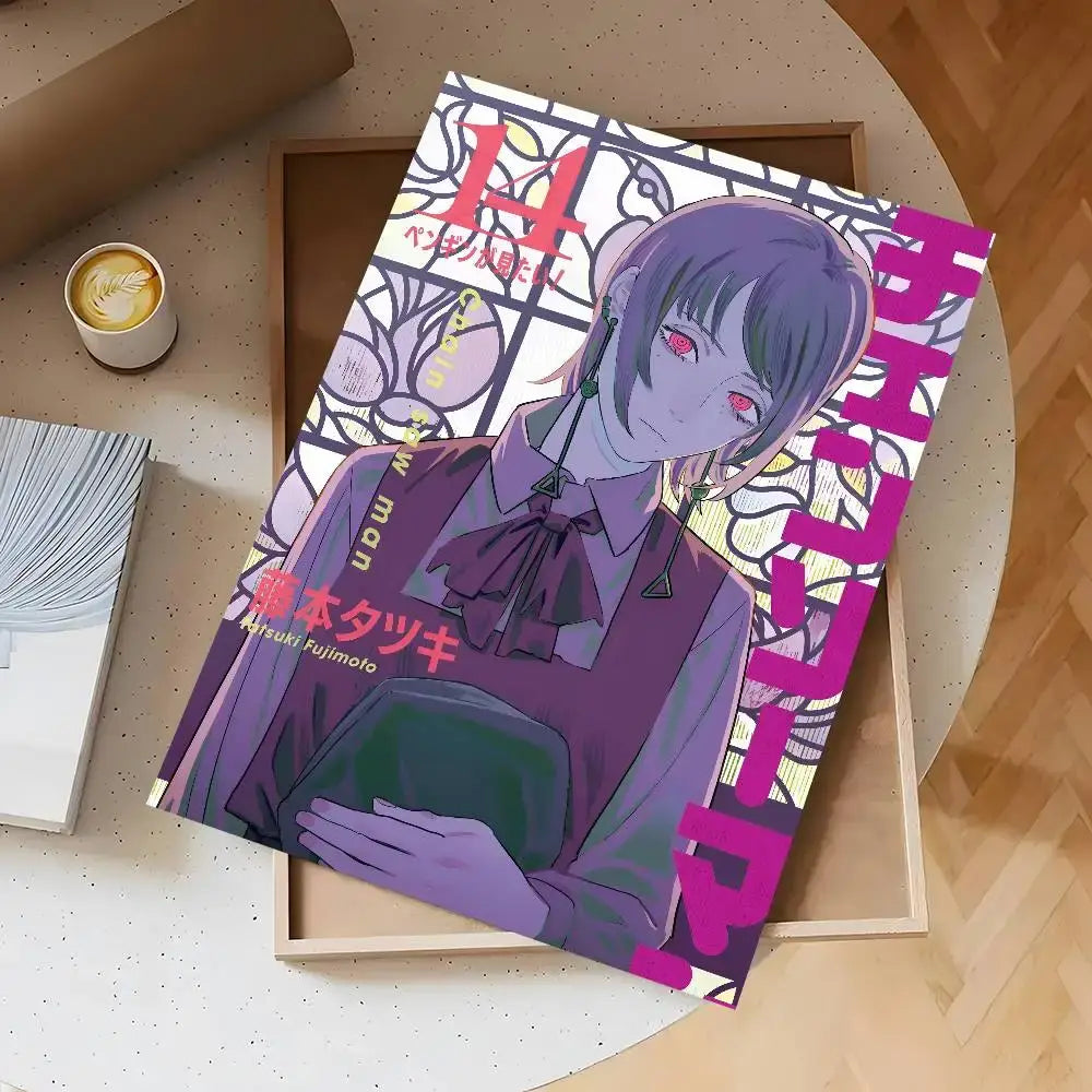 Purple and pink chainsaw man wall mural featuring an anime character with red eyes by kadokawa waterproof sticker