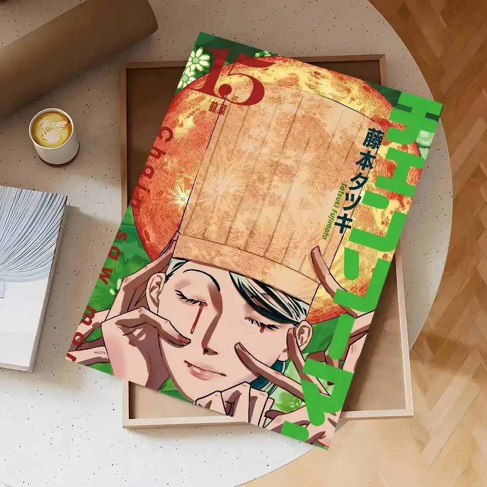 Vibrant green and orange chainsaw man wall mural featuring a stylized anime character with a wooden hat by shueisha