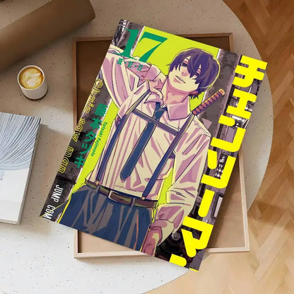 Vibrant yellow and green chainsaw man wall mural featuring manga volume 17 with dark-haired anime character in pink shirt