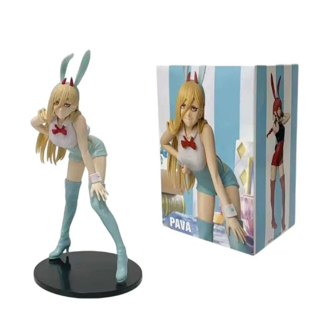 Chainsaw man kobeni bunny girl pvc figurine with blonde hair, light blue bunny ears, red bow tie, and teal shorts
