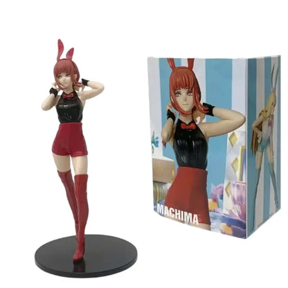 Chainsaw man kobeni bunny girl pvc figurine with red hair, black top, red shorts, and bunny ears on black base