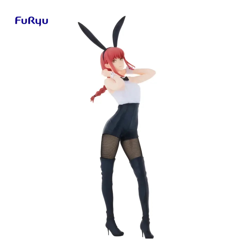 Chainsaw man makima bunny figure pvc collectible featuring red-haired anime character in black bunny ears and mesh shorts