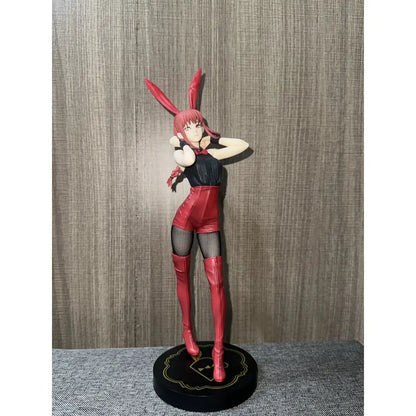 Chainsaw man makima bunny figure wearing red bunny ears black top red leather pants with mesh stockings on circular base