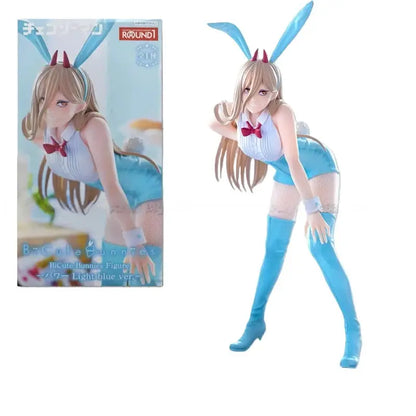 Chainsaw man makima bunny figure featuring a light blue pvc sculpted bunny with red bow and matching thigh-high boots