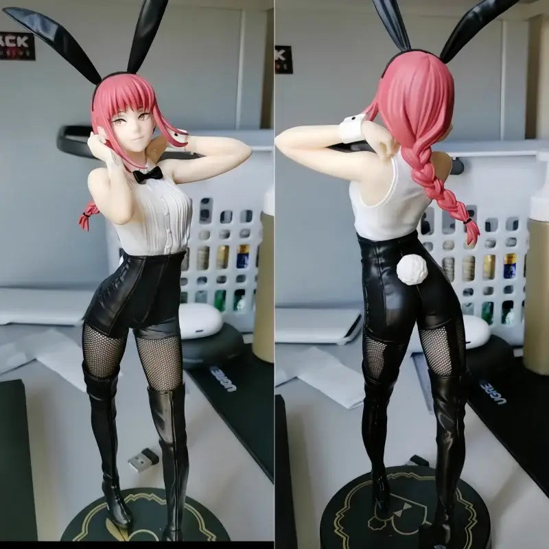 Chainsaw man makima bunny figure with pink hair black bunny ears white blouse and shiny leather shorts in pvc collectible