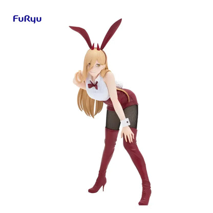 Detailed furyu pvc collectible of blonde makima from chainsaw man wearing maroon bunny ears white blouse and mesh shorts
