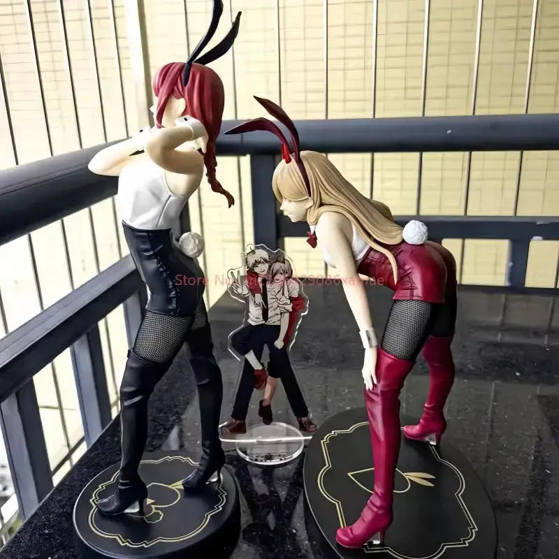 Chainsaw man makima bunny figure pvc collectible featuring red and blonde bunny-eared figurines in leather outfits