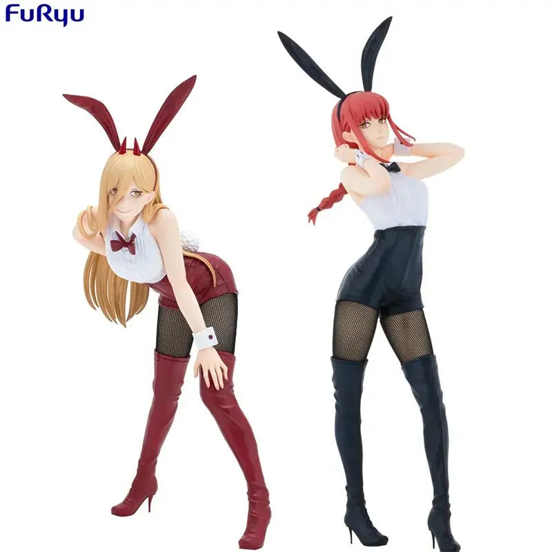 Two furyu chainsaw man pvc collectible figurines of anime girls in bunny outfits with blonde and red hair