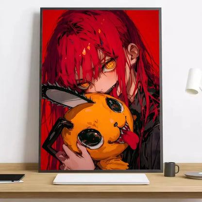 Red-haired chainsaw man makima canvas poster with glowing orange eyes holding a chainsaw and hugging an orange cartoon creature