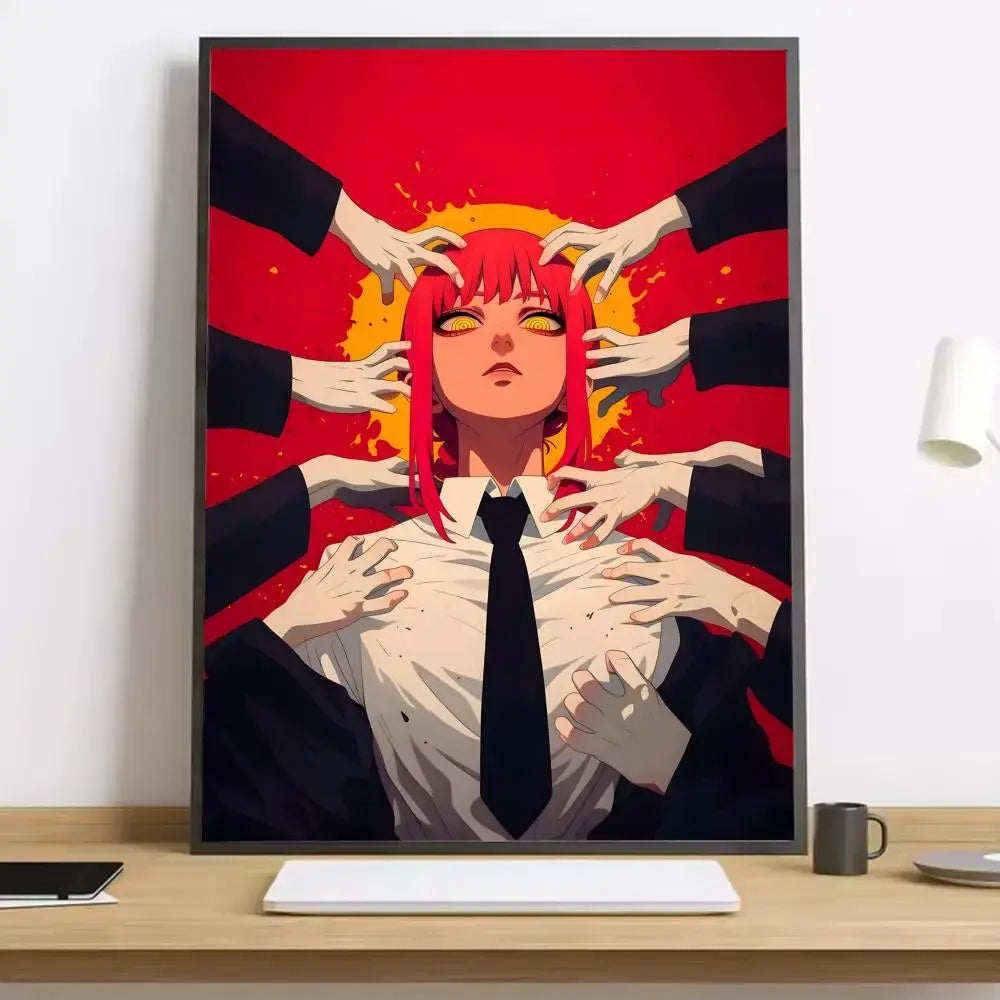 A framed chainsaw man canvas poster featuring makima with red hair white shirt black tie and multiple hands on red background
