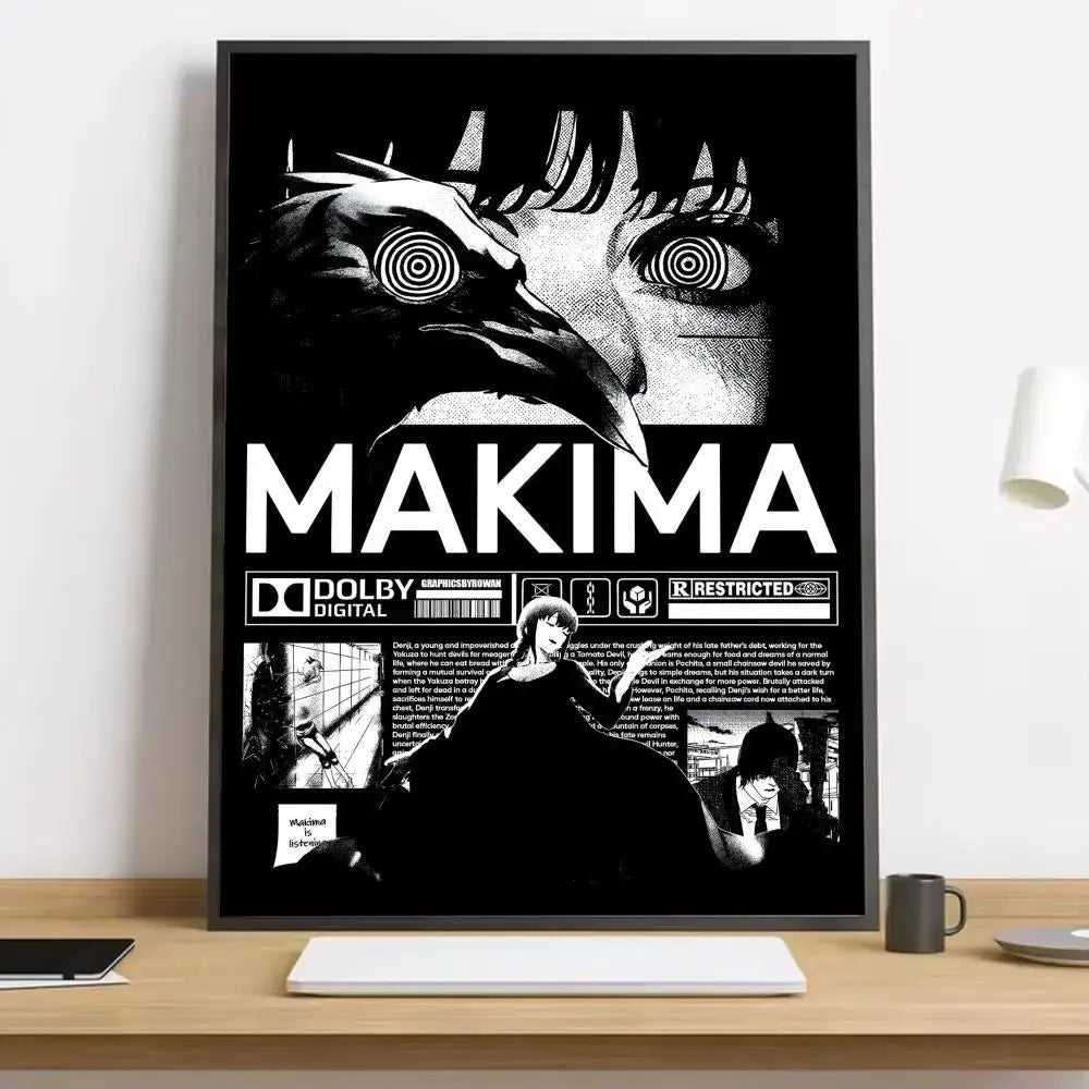 Black and white framed chainsaw man canvas poster featuring makima with bold typography and stylized illustrations
