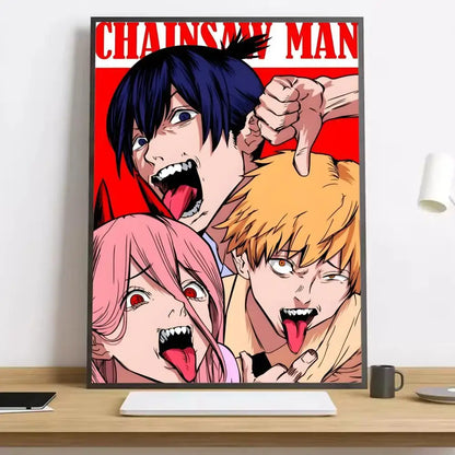 Vibrant red and black chainsaw man makima canvas poster with bold character illustrations and hd calligraphy print