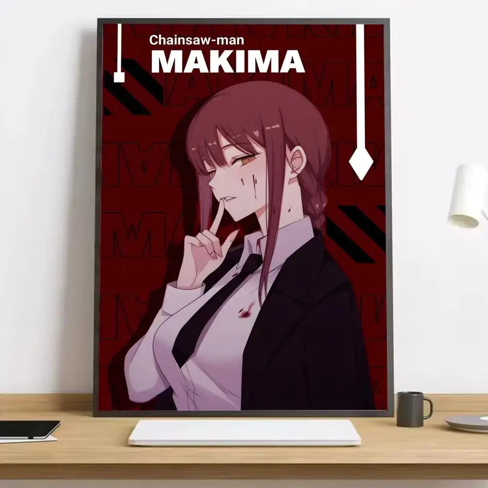 Framed chainsaw man makima canvas poster featuring red-haired character in black suit on dark red background