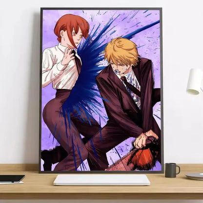 A framed chainsaw man canvas poster featuring makima and another character in formal attire on a purple blue background