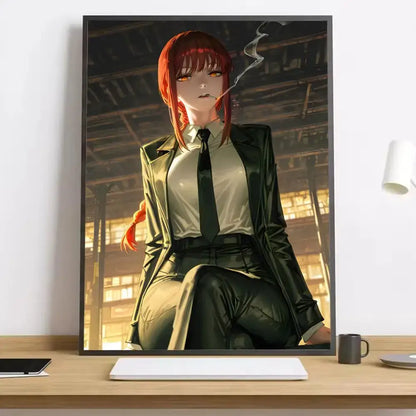 Black-framed chainsaw man makima canvas poster featuring a red-haired woman in black suit smoking a cigarette