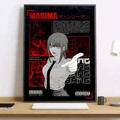 Black and red chainsaw man canvas poster featuring makima with bold text and graphic calligraphy print design
