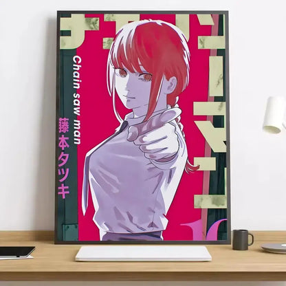 A chainsaw man canvas poster featuring vibrant red-haired makima with orange eyes on a bold pink background