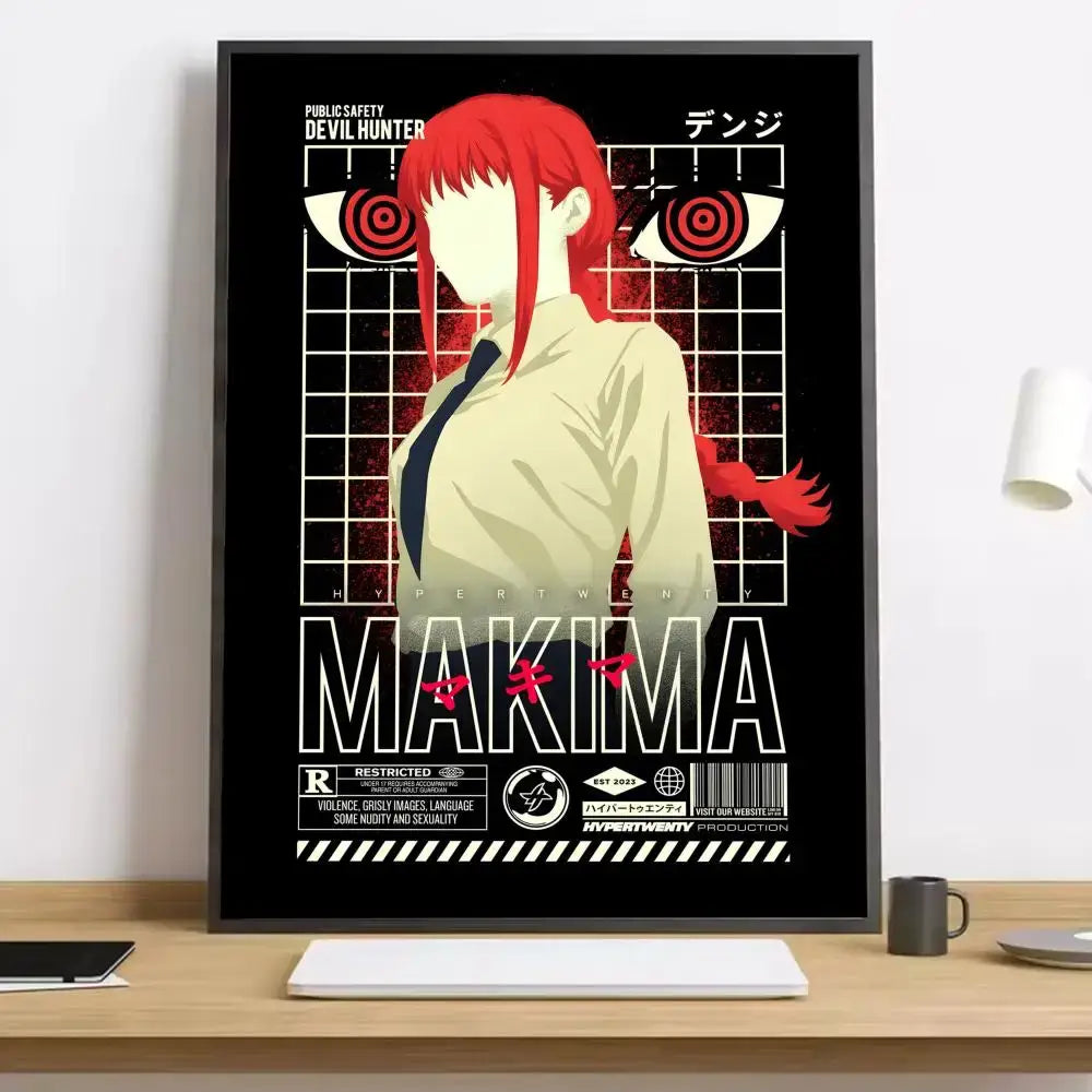 Black-framed chainsaw man makima canvas poster featuring vibrant red hair anime character on dark grid background