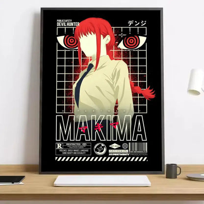Black-framed chainsaw man makima canvas poster featuring vibrant red hair anime character on dark grid background