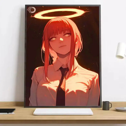 Framed chainsaw man makima canvas poster featuring red-haired character with glowing eyes and orange halo in warm tones