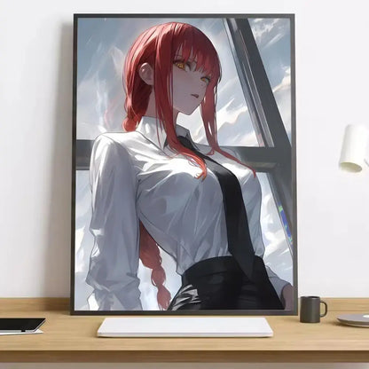 Framed chainsaw man makima canvas poster featuring a red-haired character in a white blouse and black tie against window