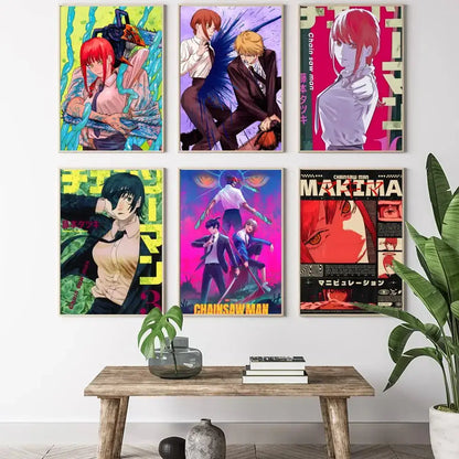 Six vibrant chainsaw man canvas posters with bold colors and dynamic character art for anime wall decor