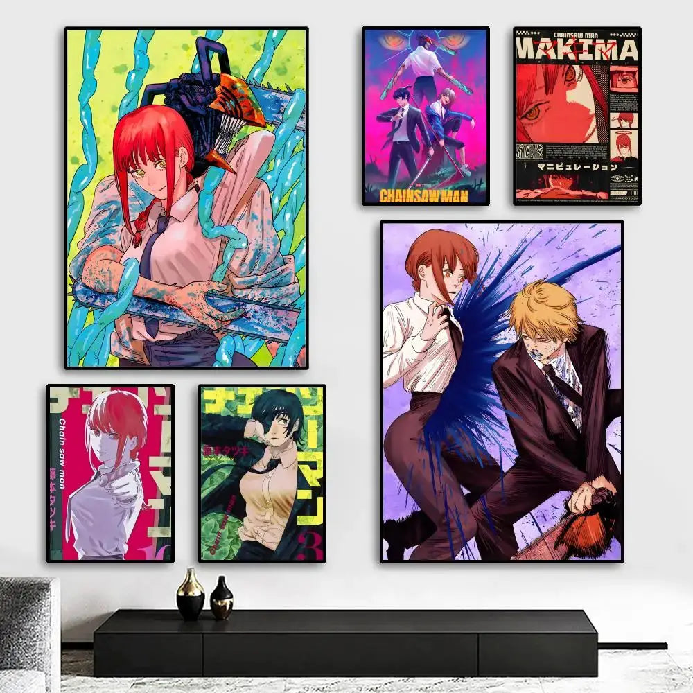 Vibrant chainsaw man makima canvas poster featuring hd calligraphy print displayed in a modern living room setting
