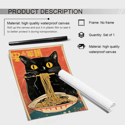 Vibrant chainsaw man canvas poster featuring a black cat with yellow eyes eating noodles on waterproof canvas
