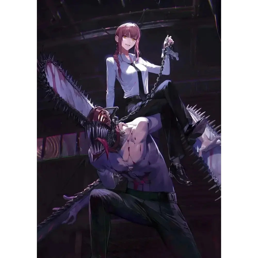 Chainsaw man makima canvas wall art featuring a menacing spiked chainsaw with dark metallic blade and red accents