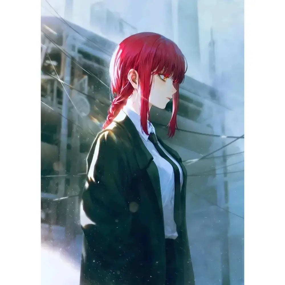 Chainsaw man makima canvas wall art featuring a red-haired anime character in a dark green trench coat design