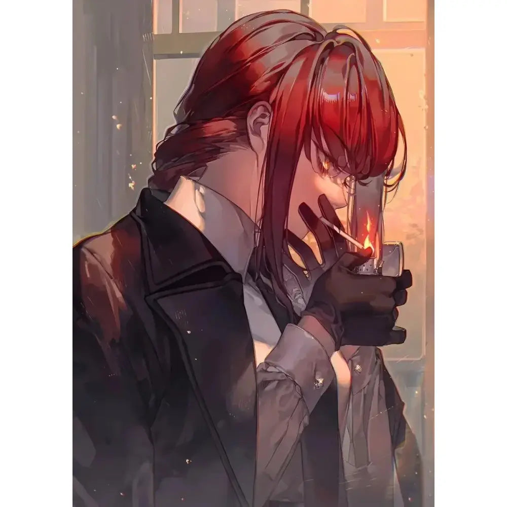 Chainsaw man makima canvas wall art featuring sleek black leather jacket over crisp white shirt in anime print design