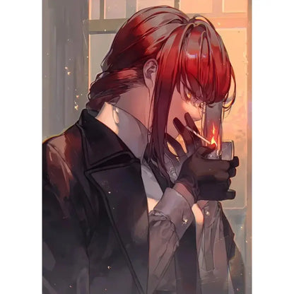 Chainsaw man makima canvas wall art featuring sleek black leather jacket over crisp white shirt in anime print design