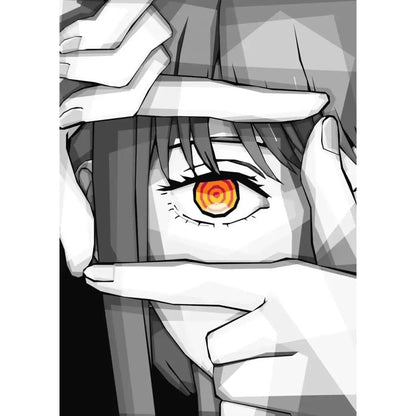 Chainsaw man makima canvas wall art featuring stylized anime eye with glowing orange red circles and monochrome hair