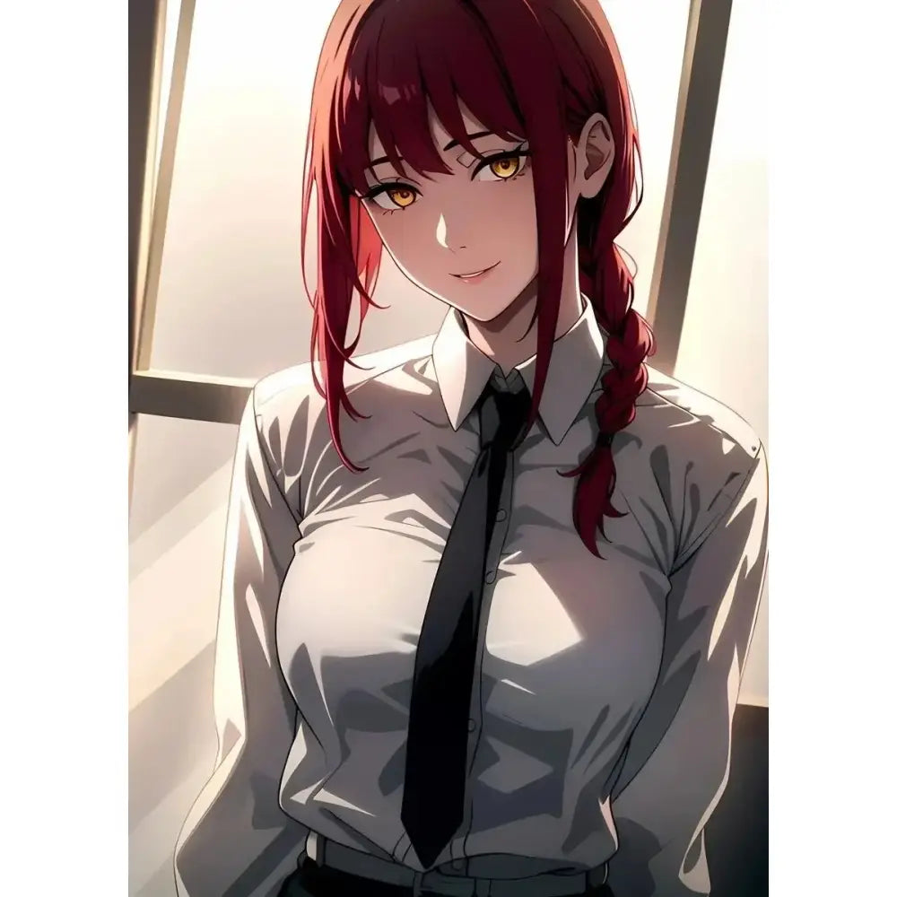 Chainsaw man makima canvas wall art featuring a red-haired anime girl in white shirt and black tie print