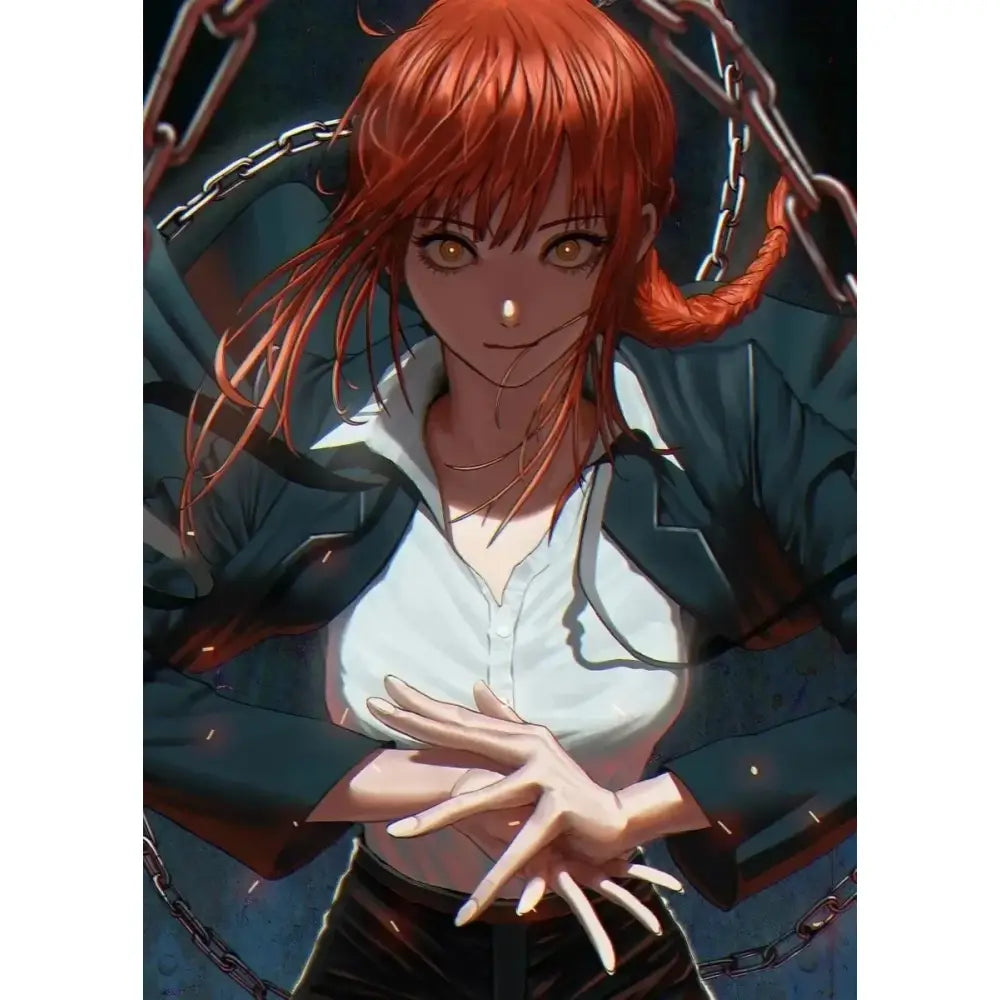 Chainsaw man makima canvas wall art featuring a red-haired anime character with golden eyes in dark jacket and white shirt