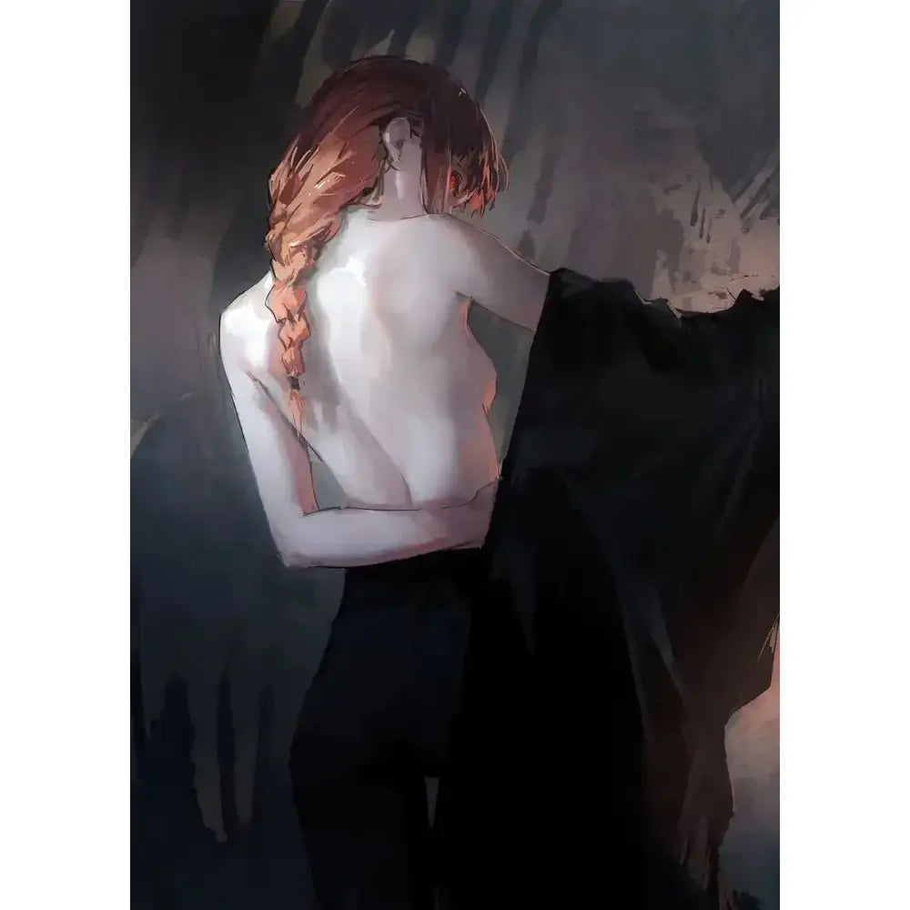 A chainsaw man makima canvas wall art showing a woman with long auburn braided hair bare-backed in dim light