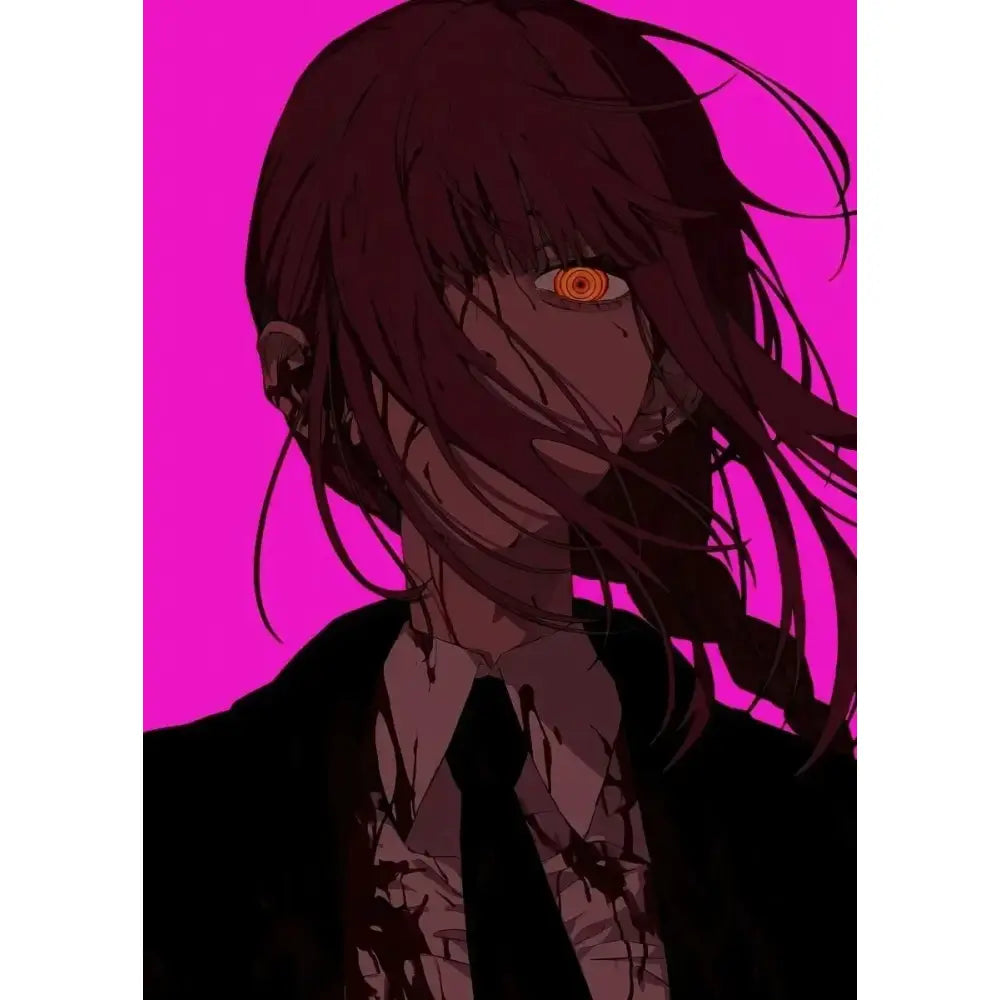 Chainsaw man makima canvas wall art featuring a dark-haired anime character with a glowing orange eye in a bloodstained suit