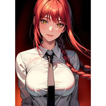 Chainsaw man makima canvas wall art featuring a red-haired anime girl with golden eyes in a white shirt and black tie