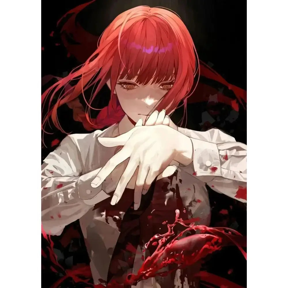 Chainsaw man makima canvas wall art featuring a red-haired anime character in blood-splattered white shirt print