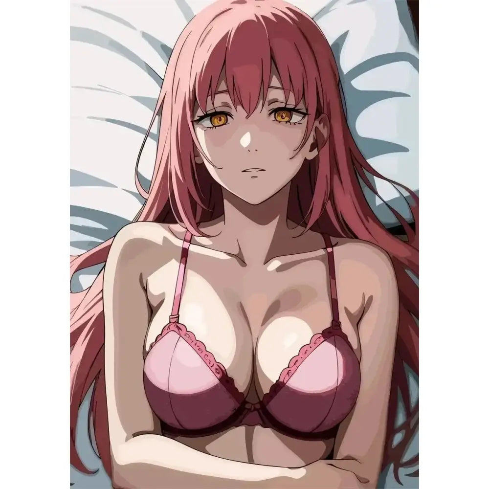 Pink lace-trimmed bra with thin straps in deep burgundy hue for a chainsaw man makima canvas wall art anime print