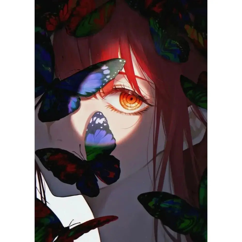 Close-up chainsaw man makima canvas wall art featuring vibrant red hair and colorful butterflies in anime print