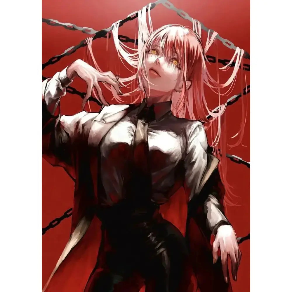 Chainsaw man makima canvas wall art features a stylized anime character with pink hair and golden eyes on red background