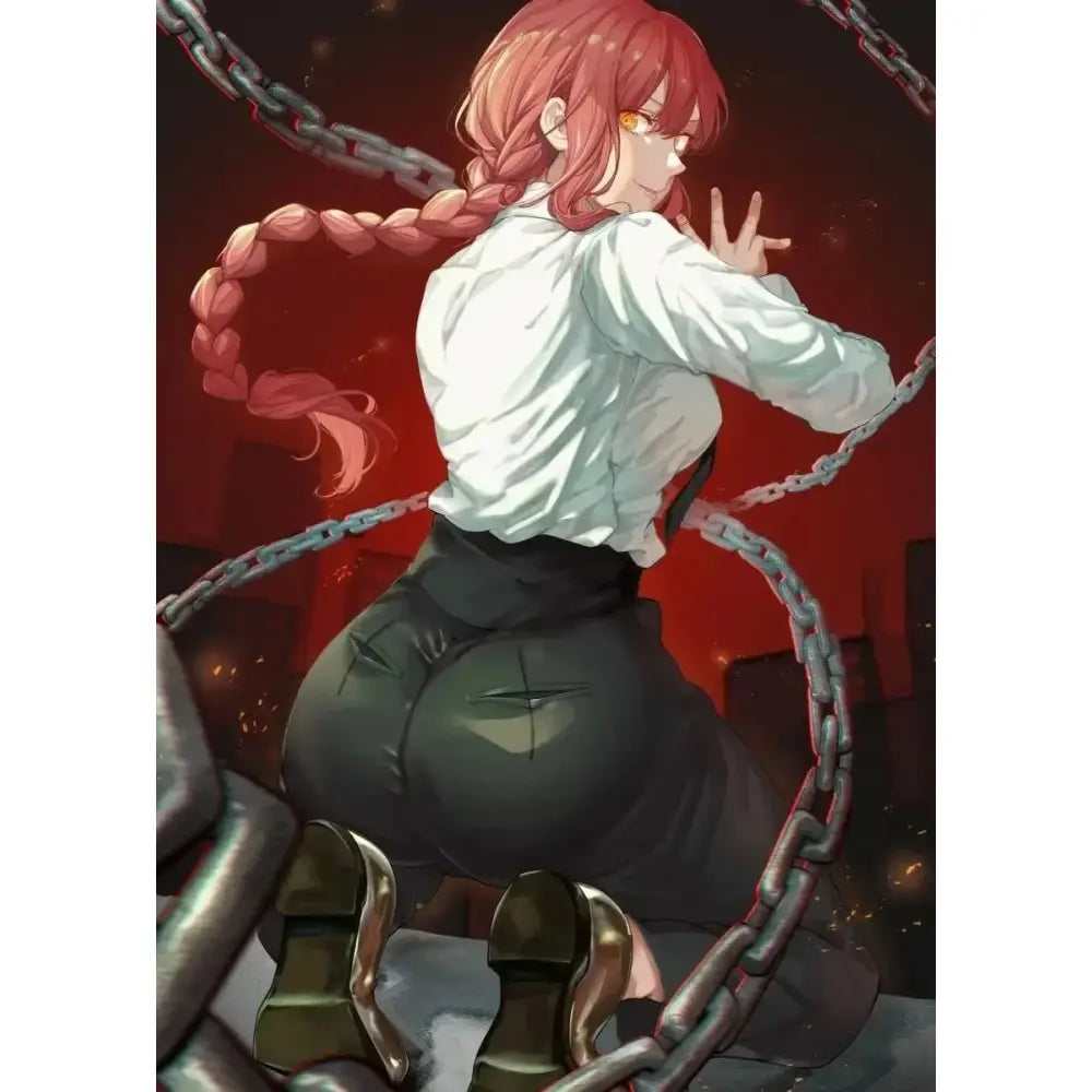 Chainsaw man makima canvas wall art featuring a red-haired anime character with braided ponytail in white blouse