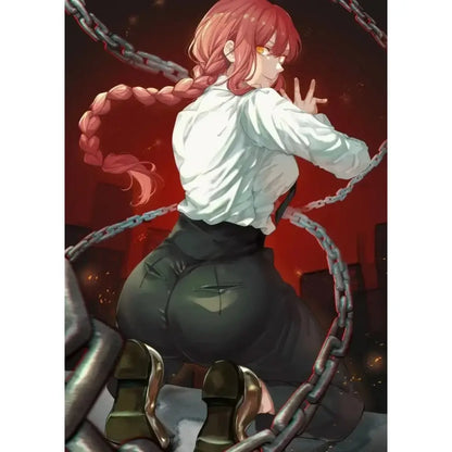 Chainsaw man makima canvas wall art featuring a red-haired anime character with braided ponytail in white blouse