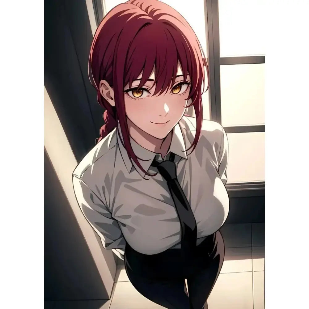 Chainsaw man makima canvas wall art featuring a young woman with vibrant auburn hair in a white shirt and black tie