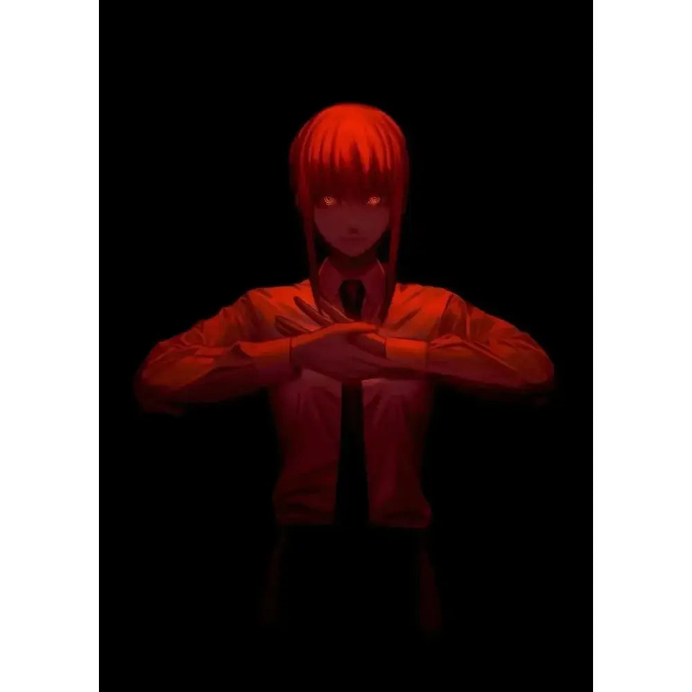 Red-haired chainsaw man makima canvas wall art featuring glowing eyes and formal shirt tie anime print design