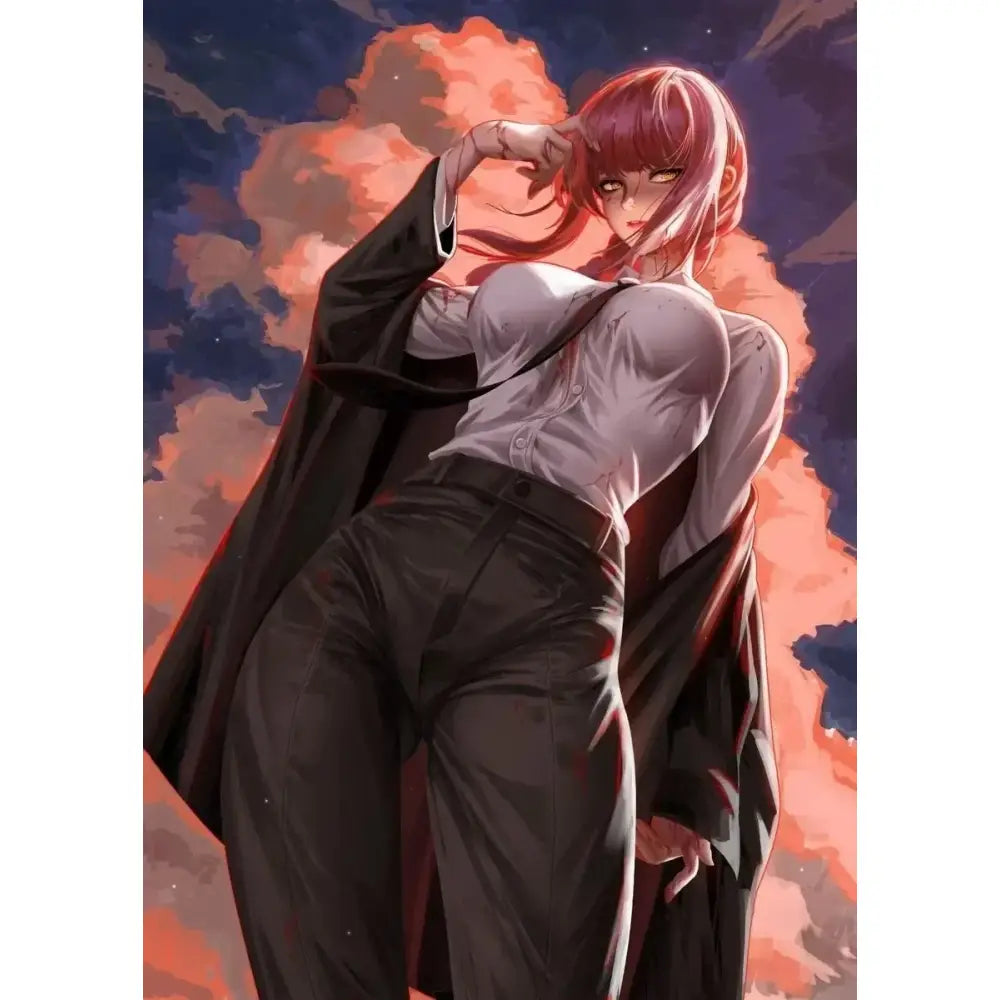 Chainsaw man makima canvas wall art featuring a vibrant anime character with pink hair in stylish attire