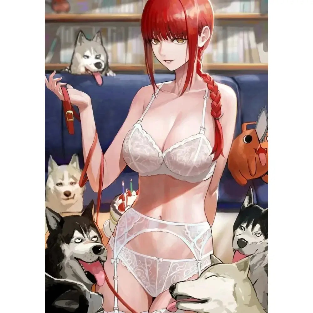 White lace lingerie set with delicate floral patterns and thin straps featured in chainsaw man makima canvas wall art